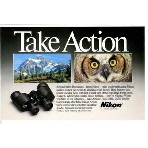 Vintage 1984 Print Ad Nikon Binoculars‎ Action Series Outdoors Mountains Owl